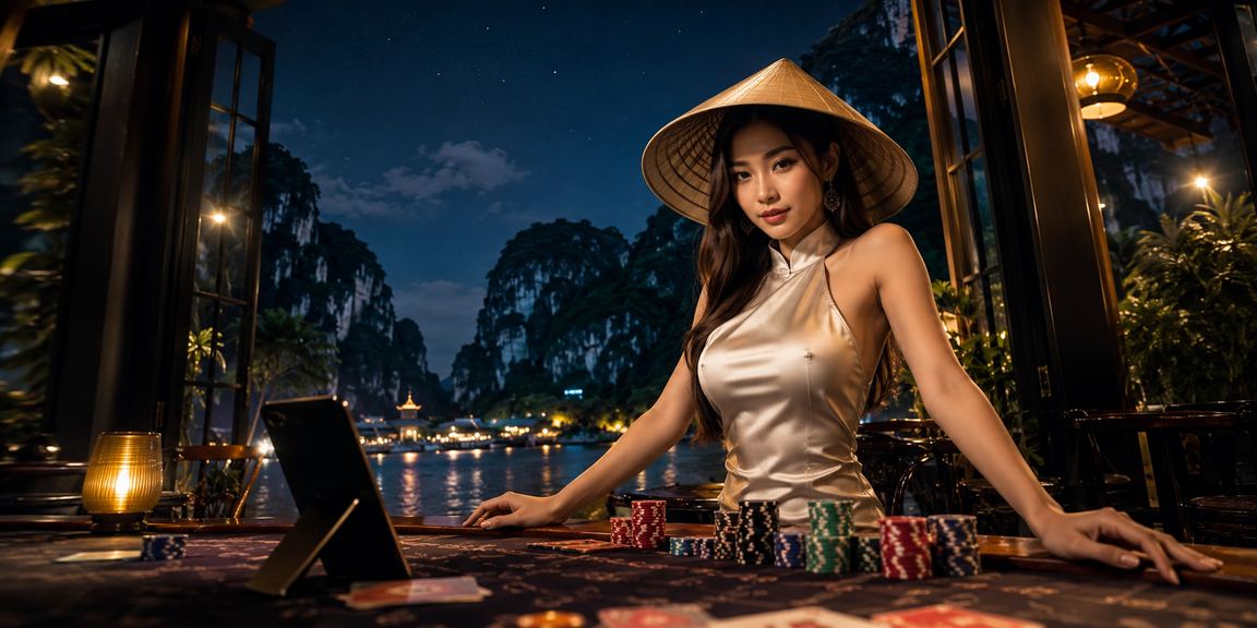 Người chơi tại Ninh Bình đang xem ưu đãi khuyến mãi trên điện thoại với phong cảnh non nước xung quanh